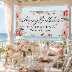 Happy Birthday Banner 21st Elegant Pink Peony