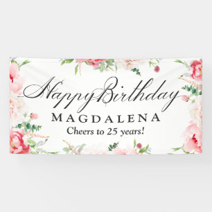 Happy Birthday Banner 25th Elegant Pink Peony