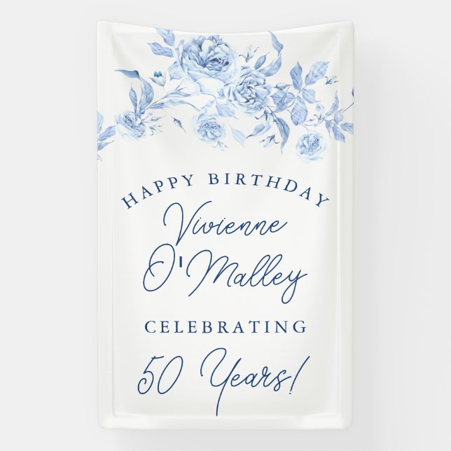 Happy Birthday Banner 50th Blue Floral Template (Vertical)