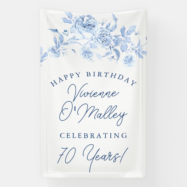 Happy Birthday Banner 70th Blue Floral Template (Vertical)