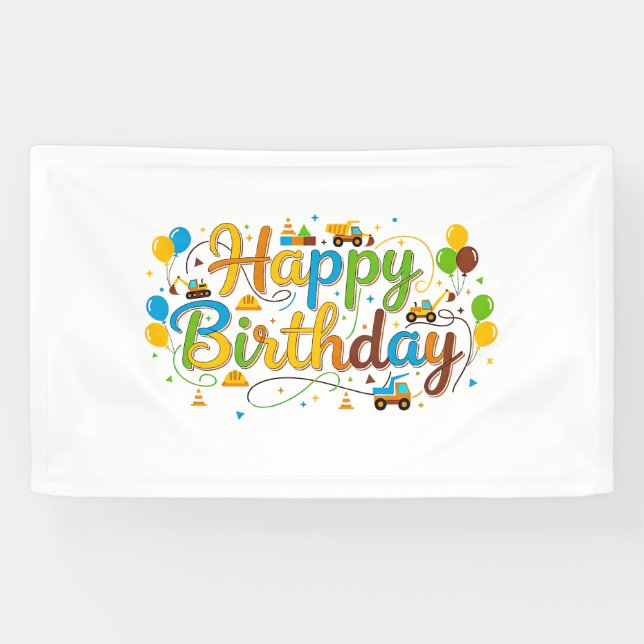 Happy Birthday  Banner Construction Vehicles  (Horizontal)