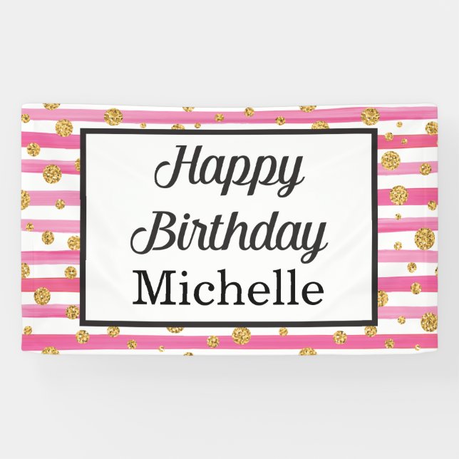 Happy Birthday Banner - Pink and Gold (Horizontal)