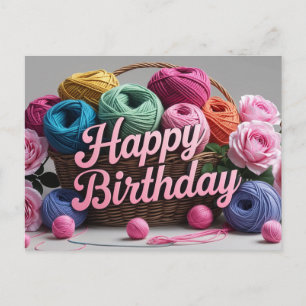 Happy Birthday Basket with Yarn Balls and Roses  Postcard
