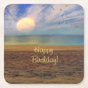Happy Birthday Beach Sunset Square Paper Coaster