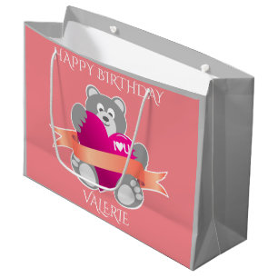 Happy birthday bear gift bag personalized name.