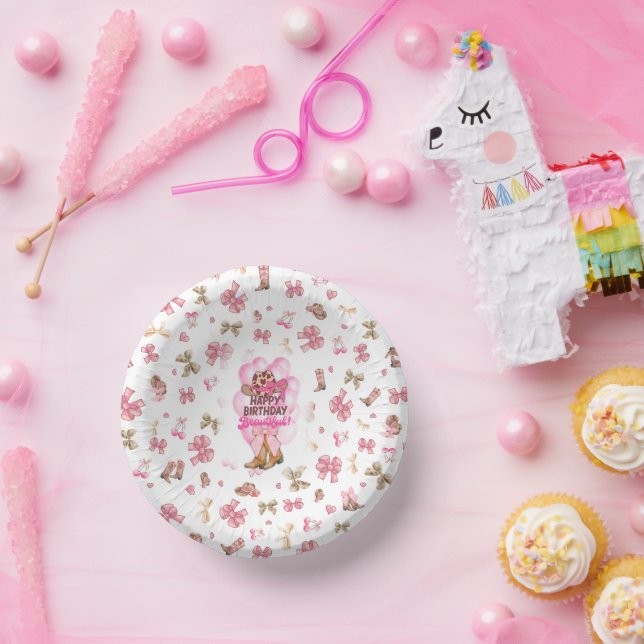 Happy Birthday Beautiful Cute Pink Cowgirl Western Paper Plate (Party)