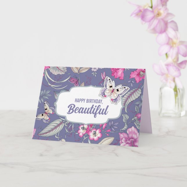 Happy Birthday Beautiful. Flowers & Butterfly Card (Orchid)