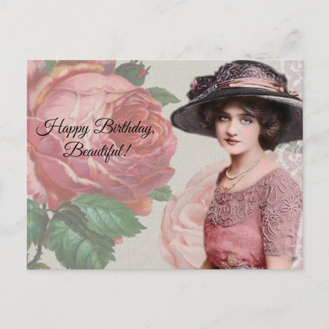 Happy Birthday, Beautiful - Vintage Lady and Rose Postcard (Front)