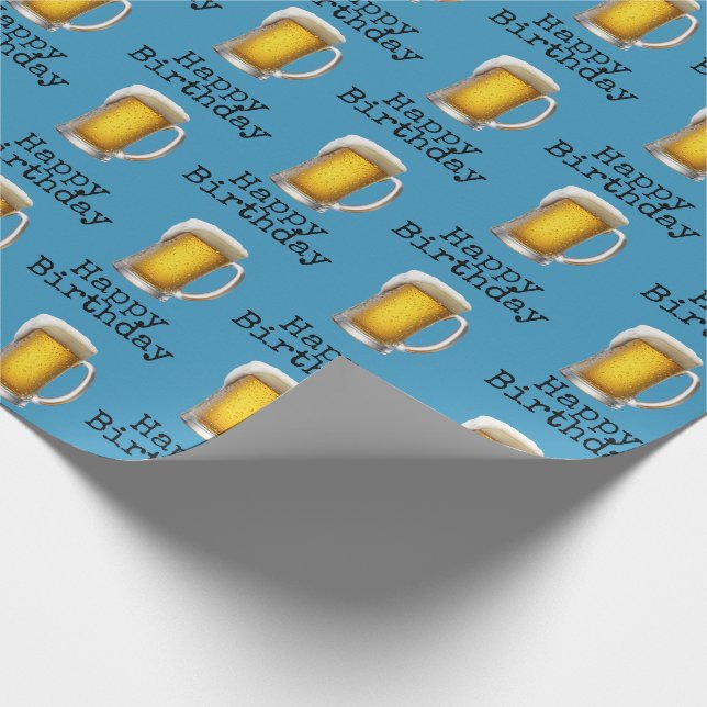 Happy Birthday Beer Mug On Aqua Wrapping Paper (Corner)