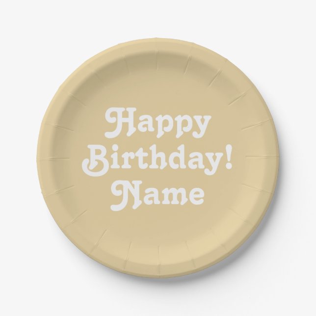 Happy birthday beige custom name photo background paper plate (Front)