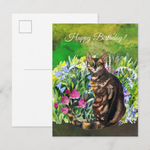 Happy Birthday Bengal Cat with flowers Postcard