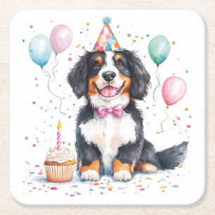 Happy Birthday Bernese Mountain Dog Square Paper Coaster
