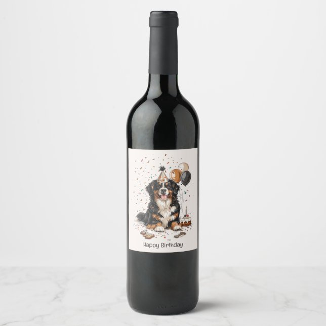 Happy Birthday Bernese Mountain Dog Wine Label (Front)