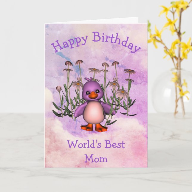 Happy Birthday Best Mom Cute Bird Card (Yellow Flower)