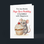 Happy Birthday Bestie | Cute Mouse Card<br><div class="desc">An adorable birthday card for a best friend featuring an illustration of a cute little mouse carrying a vanilla cupcake with sprinkles and a cherry on top! All text on this card can be edited in the personalize area.</div>