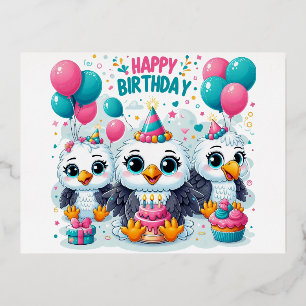 Happy Birthday Birds  Foil Holiday Postcard