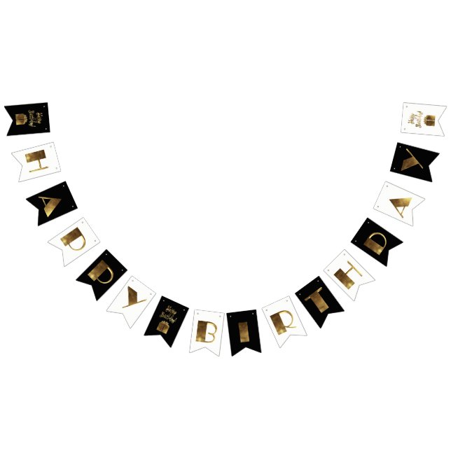 Happy Birthday Black and White Gold Typography Bunting Flags (All)