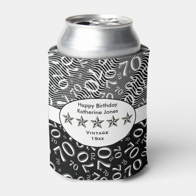 Happy Birthday Black and White Number 70 Theme Can Cooler (Can Front)