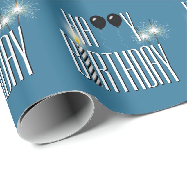 Happy Birthday Black Balloons and Sparklers  Wrapping Paper (Roll Corner)
