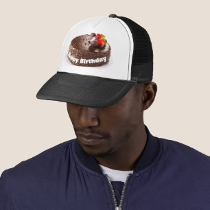 Happy Birthday Black Cake Topped with Strawberries Trucker Hat