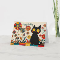 Happy Birthday Black Cat with Flowers