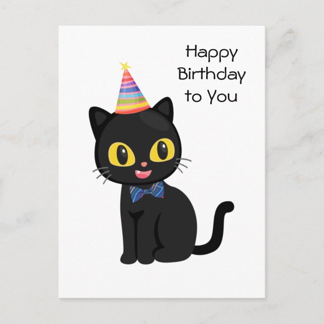 Happy Birthday Black Cat with Party Hat  Postcard (Front)