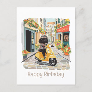 Happy Birthday Black Doodle Riding Scooter Postcard