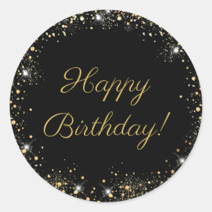 Happy Birthday Black Gold Glitter Classic Round Sticker