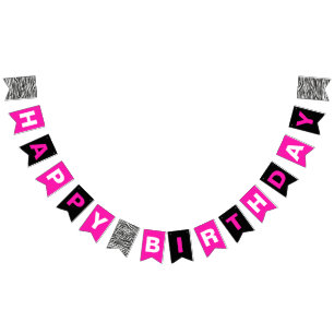 Happy Birthday Black Hot Pink and Black with Zebra Bunting Flags