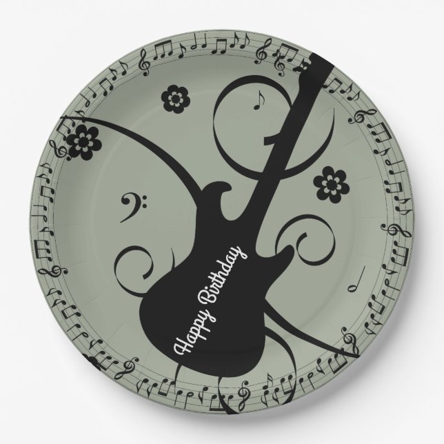 Happy Birthday Black Music Notes Guitar Flowers Paper Plate (Front)