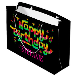 Happy Birthday Black Personalized Name Birthday Large Gift Bag