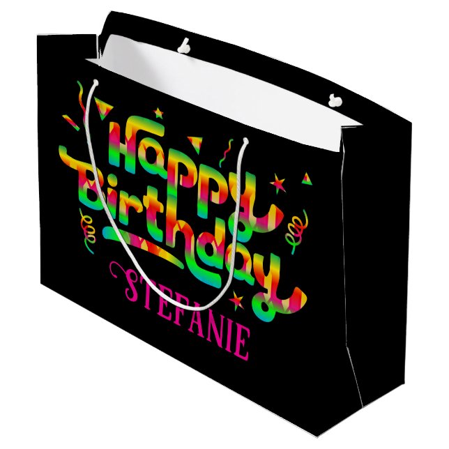 Happy Birthday Black Personalized Name Birthday Large Gift Bag (Back Angled)