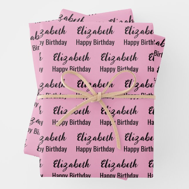 Happy Birthday Black Script Name Light Pink Wrapping Paper Sheet (In situ)