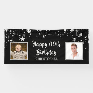 Happy Birthday Black Silver Brush Script Photo Banner