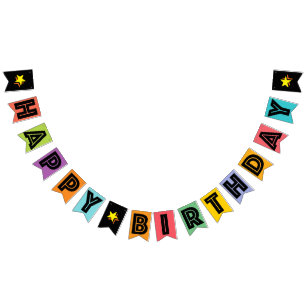 HAPPY BIRTHDAY ☆ BLACK TEXT ON MULTICOLOR BKGD BUNTING FLAGS