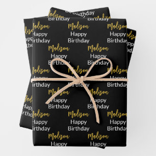 Happy Birthday Black White and Gold Script Name Wrapping Paper Sheet