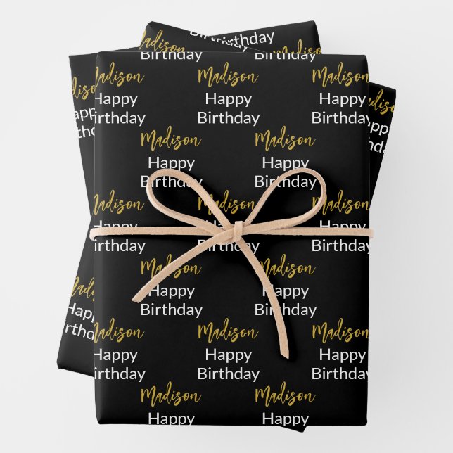 Happy Birthday Black White and Gold Script Name Wrapping Paper Sheet (In situ)