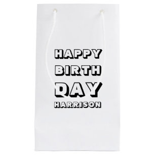 Happy Birthday black white custom name modern fun Small Gift Bag