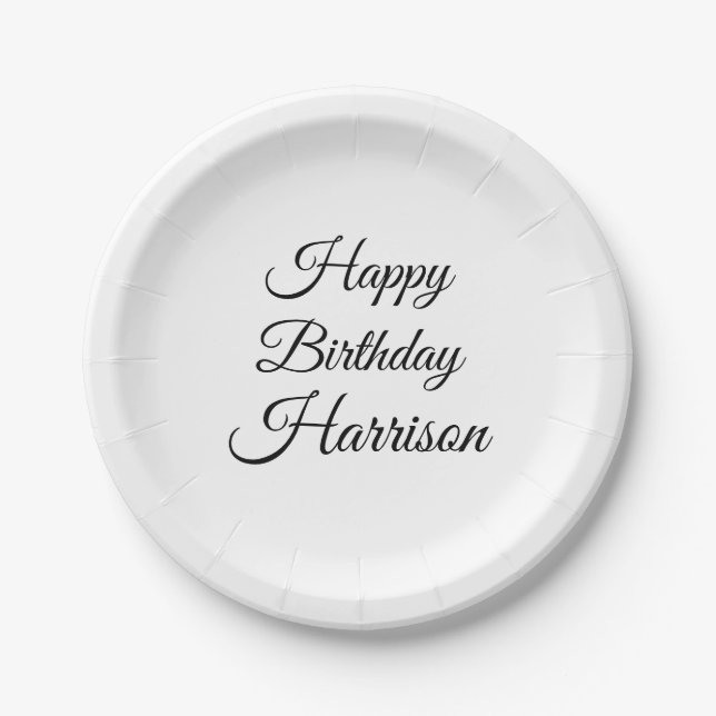 Happy Birthday black white custom script name  Paper Plate (Front)
