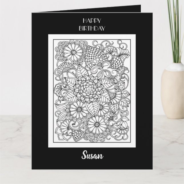 Happy Birthday Black & White Floral Colouring Card (Front)