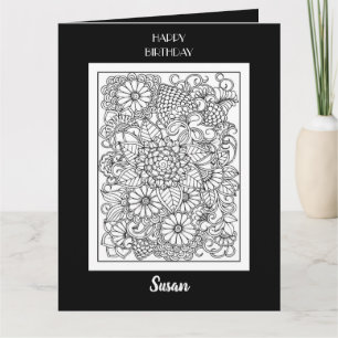 Happy Birthday Black & White Floral Colouring Card
