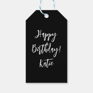 Happy Birthday black white personalized script. Gift Tags