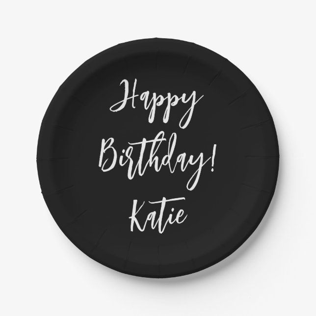 Happy Birthday black white personalized script. Paper Plate (Front)