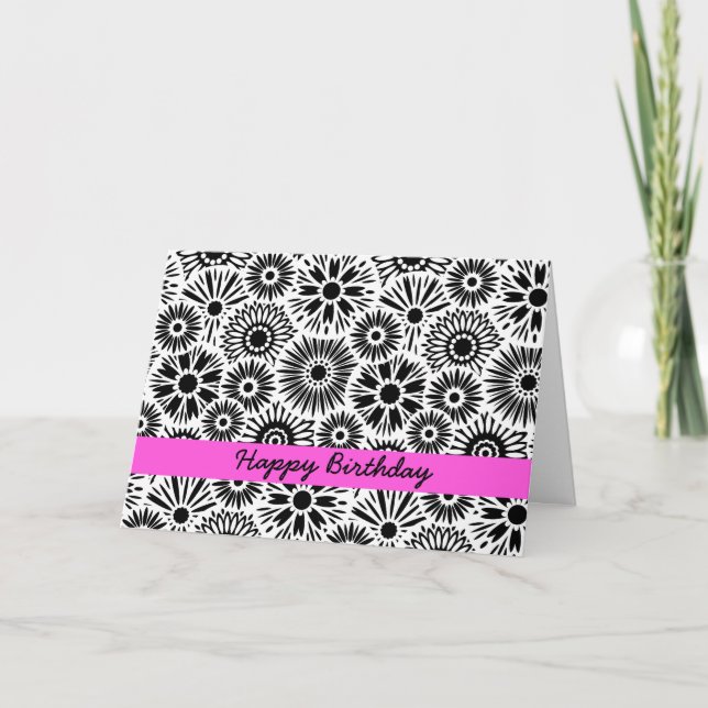 Happy Birthday Black White Retro 70s Graphic Daisy Card (Front)