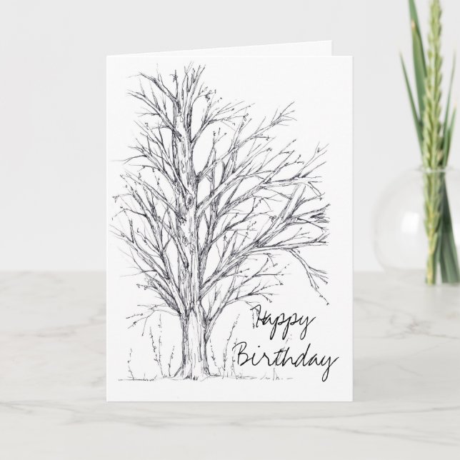 Happy Birthday Black White Tree Line Art Drawing Card (Front)
