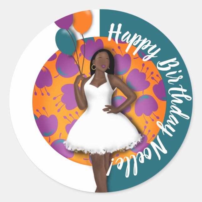 Happy Birthday! Black Woman, Balloons & Flowers Classic Round Sticker (Front)