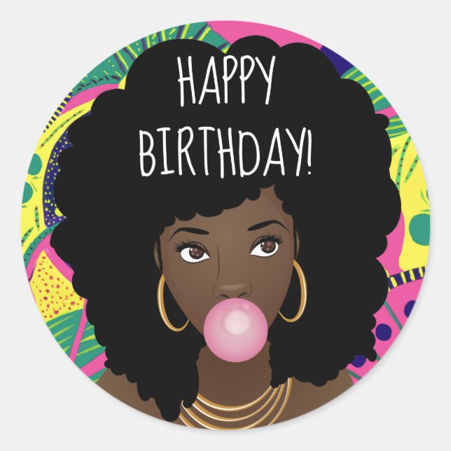 Happy Birthday! Black Woman, Bubblegum, Colourful Classic Round Sticker (Front)