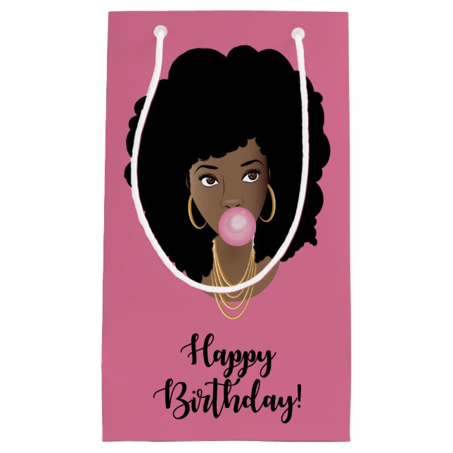Happy Birthday! Black Woman, Bubblegum, Pink Small Gift Bag (Front)