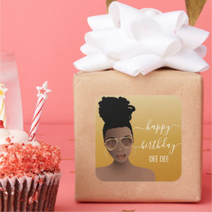 Happy Birthday Black Woman Gold Shades Yellow Gold Square Sticker