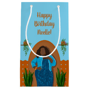 Happy Birthday! Black Woman, Orange & Blue Small Gift Bag